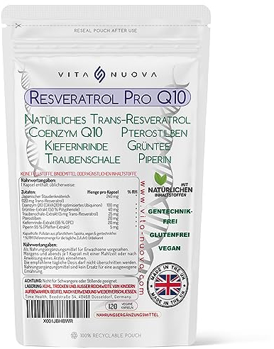 Resveratrol Pro Q10 Anti-Aging-Formel – Trans-Resveratrol, Coenzym Q10, Pterostilben, Kiefernrinde, Grüntee, Weintraubenhaut, Piperin – Aufgeteilte Dosierung (120 Kapseln - Beutel)