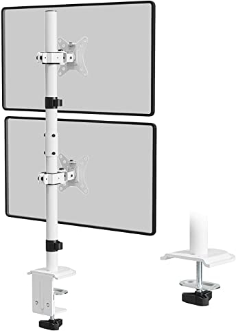 WORLDLIFT Dual Monitor Stand- Vertical Stack Monitor Desk Mount for Two Screens Up to 32 Inch Height Adjustable Screen Supports with Swivel, Tilt, Rotation, C-Clamp and Grommet Bases, white