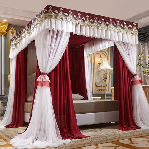 BradOc Bettvorhang Himmelbett Himmelbett Doppelschicht Prinzessin Vorhänge Baldachin für Mädchen Einzel-/Kingsize-Bett mit Rahmen, Ruby,5,200 * 200 * 220cm