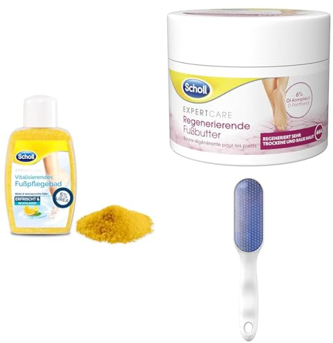 Scholl Vitalisierendes Fußbad mit natürlichen Salzkristallen und Urea + Scholl Manual Nano Glass Fußfeile + Scholl Expertcare Regenerierende Fußbutter