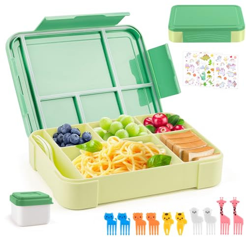 WuGU Fiambrera Infantil Compartimentos, 1300ML Loncheras para Niños con 5 Compartimentos y Cubiertos, Hermetica Lunch Box Kids, Bento Box Sin BPA, Aptos para Microondas y Lavavajillas(Verde)