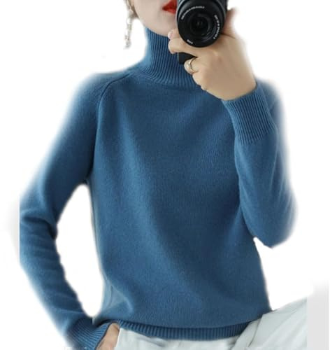 Jersey de Cachemira para Mujer de Cuello Alto - Otoño e Invierno, Liso de Punto Holgado Con Mangas Largas, Básico (Azul, L)