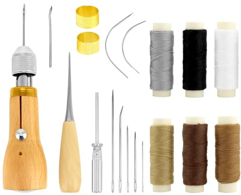 QWORK® Set di strumenti per cucire in pelle, con punteruolo da cucito ad alte prestazioni, filo cerato, aghi in metallo, cacciavite e anello per ditale in ottone