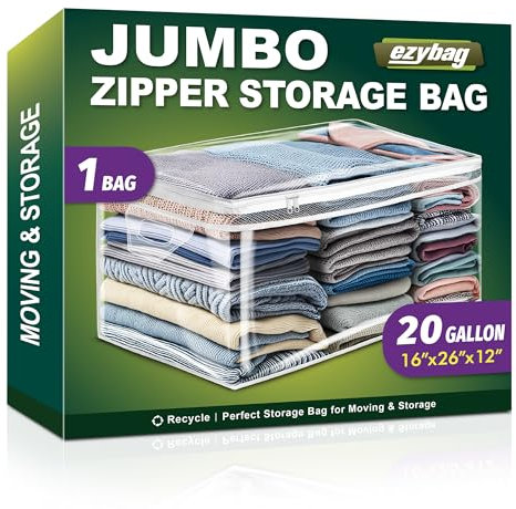 1 Pack 20 Gallon Large Storage Bag for Clothes, Zipper Clothing Storage Bag, Clear Organizer with Reinforced Handles, for Comforters Blankets Pillows Bedding