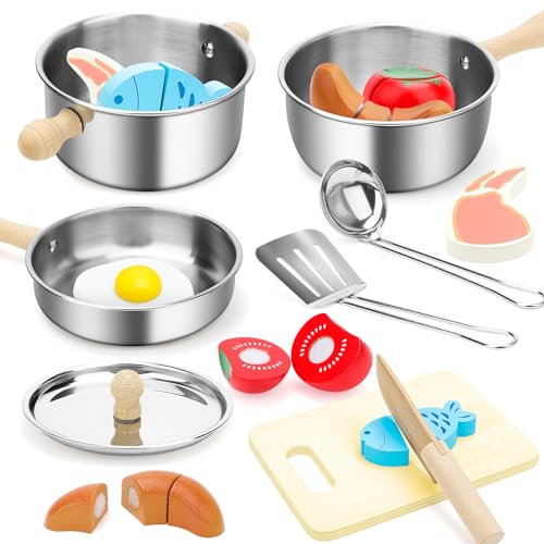 deAO Set Pentole Giocattolo per Bambini, Cucina Giocattolo in Acciaio Inox con Cibo Finto, Coltello in Legno e Accessori Gioco Educativo per Bambina e Bambino