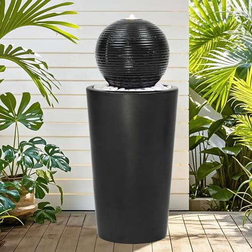 Autodaya Fuente de Agua de Esfera de cerámica de 30 Pulgadas de Alto con luz LED, diseño Minimalista Moderno, Esmalte Negro con guijarros Blancos, función de Agua Relajante Que gotea, añade Encanto