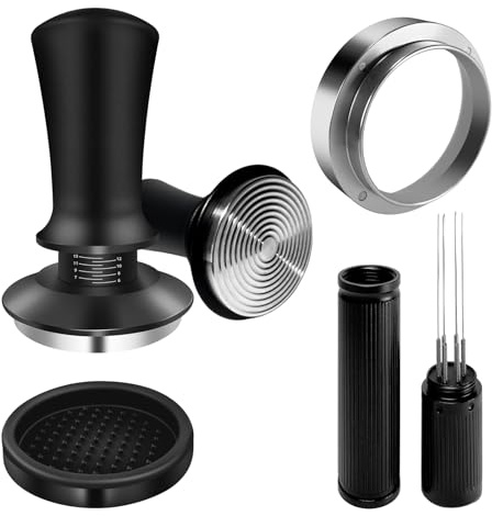 embermomo Kaffee siebträger zubehör Tamper 51mm Set 4-teiliges Federbelasteter Tamper 51mm Edelstahl Base, WDT Tool mit 6 Nadel, Magnetic Dosierring 51mm Espresso,Runde Silikon tampermatte 51mm