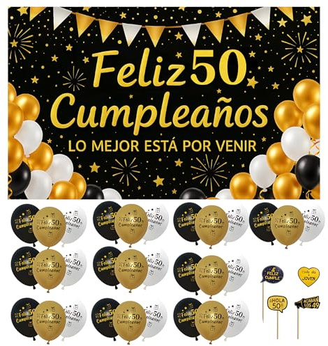 Decoración 50 Cumpleaños Hombre Mujer Photocall Pancarta 110x80cm Fiesta 50 Años - 30 Globos Banner Telón Fondo Fotocol Español – Accesorios Divertidos – Regalos Adultos Elegante Cartel Celebración