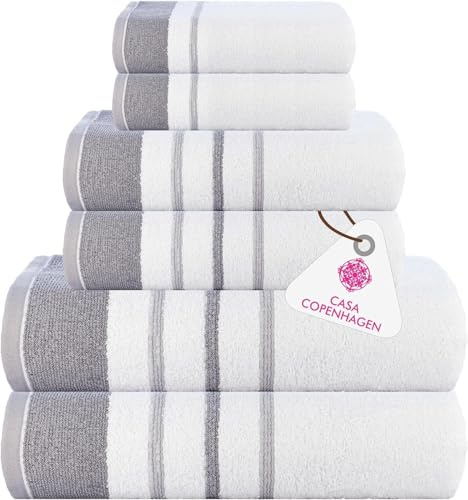 Casa Copenhagen White Bay - Toalla de algodón Egipcio de 600 g/m² para Hotel, SPA, Cocina, baño, Juego de 6, 2 baños, 2 Manos, 2 paños de Lavado, Color Blanco con Borde Gris Oscuro y Gris Claro