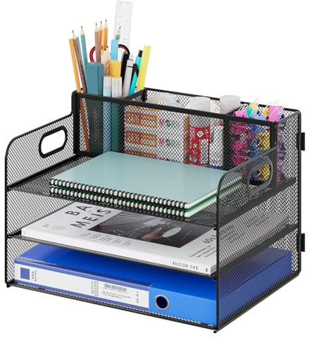 EasyPAG 3 Niveles Metal Malla A4 Bandeja Archivo,Organizador Papel,Clasificador Escritorio,Soporte Archivador,Almacenamiento Documentos,Estante Carta para Oficina y Hogar,Negro