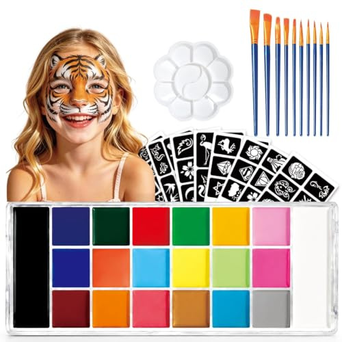 Oiomniv Pintura Facial y Corporal, Pintacaras para Niños Adultos 20 Colores | Pintura Facial Pintacaras Maquillaje Corporal Hipoalergénico No Tóxica 51 Plantillas 10 Pinceles para Halloween Carnaval
