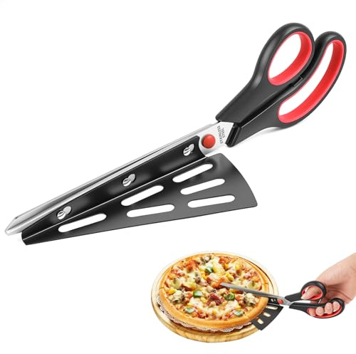 Vicloon Pizzasax, matskärare och pizzaskärare, pizzaskärare med skarpt rostfritt stålblad av livsmedelskvalitet, multifunktionell kökssax, röd
