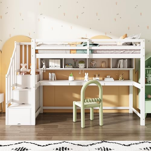 SACOOL Cama alta para niños con espacio de almacenamiento, 90 x 200 cm, madera maciza+MDF, litera, cuna con gran escritorio y estantes, colores respetuosos con el medio ambiente, blanco [Old SKU