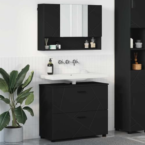 Ziaphsol Badrumsmöbelset med dörr, 2 stycken, svart, plywood, metall, modern design, förvaringsspegel för tvättplats, gästtoalett och huvudbadrum
