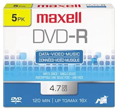 Maxell Dvd - Medios grabables - Dvd-r - 16x - 4.70 GB - Paquete de 5 estuches de joyería - 120 mm - 2 horas de tiempo máximo de grabación