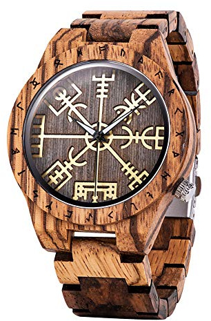 YCYR - Orologio da uomo in legno, stile nordico, con runa vichinga, vintage, al quarzo, unisex, regolabile, in legno, colore: marrone