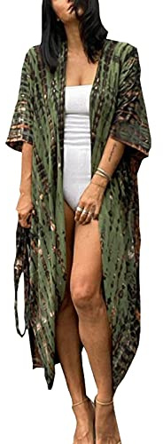 YouKD Abito da Spiaggia Kimono Bohémien Estivo Lungo Kaftan per Coprire Vestito Taglia Grande per Donna, C Verde scuro, Taglia unica