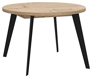 Meubletmoi Vanessa Esstisch, rund, ausziehbar, Dekor, Artisan Dekor, helles Holz, 74,5 x 110 x 110 cm, Gestell aus Metall, Schwarz matt