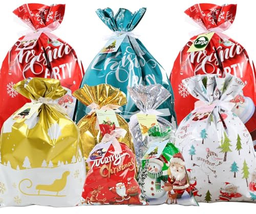 CNMTCCO Christmas Wrapping Gift Bags Large, 20Pcs Christmas String Bags with 30Pcs Tags, Large Medium Small Gift Bags, Xmas Bags for Presents for Xmas Birthday Holiday Party (Classic Style)