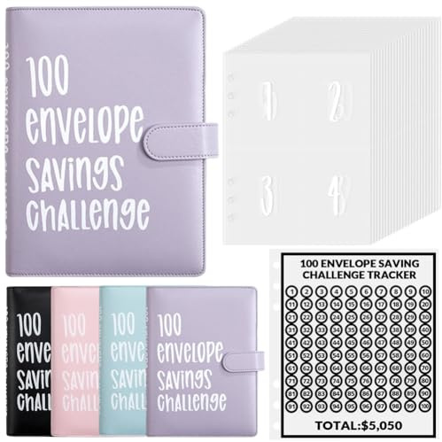 Luweoxy 100 Envelope Challenge Binder Money Saving Binder, Easy and Fun Way to Save $5,050, Cash Stuffing Binder Budget Planner Savings Challenge Book (Purple)