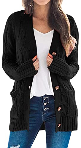 Générique Cardigan Femme Manche Longue avec Poches Gilet Boutonné Chic Femmes Hiver Chaud Veste Long Doux Épais Tricot Pull en Tricot Doux Couleur Unie Manteau Ouvert Ample Élégant et Décontracté