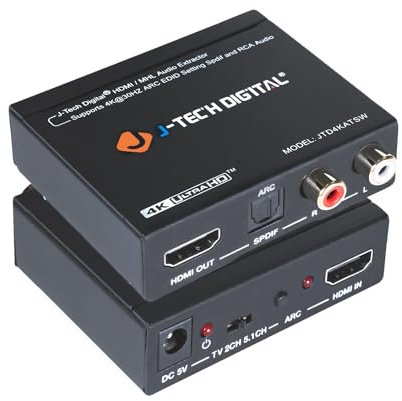 HDMI Audio Extractor 4K 30Hz 1080P 60Hz SPDIF + RCA Output, HDMI ARC Audio Extractor Converter, Dolby Digital/DTS CEC by J-Tech Digital