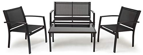 Mondeer Gartenmöbel 4er Set, Sitzgruppe im Garten und Balkon, Gartengarnitur mit DREI Stühlen und einem Glastisch, Schwarz