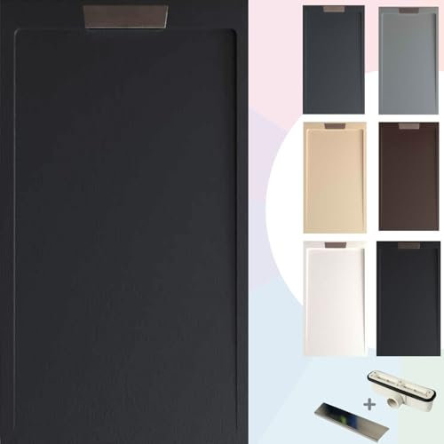 SOULBATH Plato de Ducha Extraplano Antideslizante – Resina Gel Coat - Textura Liso/Piedra – NEGRO - 100X70 - Diseño elegante - Incluye Válvula de desagüe