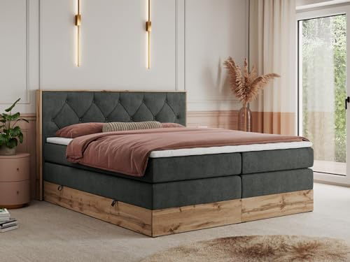 MKS MEBLE King Boxspringbett 200x200 mit Kopfteil und Bettkasten, Polsterbett mit Matratze H4 und Topper T25, Wotan Eiche Dekor - Dunkelgrau Strukture - Veneto King