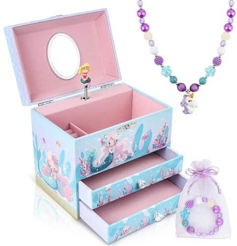 Anyiner Musical Jewellery Box for Girls - Blue Memaid Music Box with 2 Pullout Drawers, Kids Jewellery Box Gifts for Girls, Children Birthday Presents for Ages 3-10