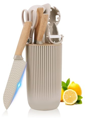 Couteaux de Cuisine, Beige Set de 6 Couteaux en Acier Inoxydable avec 4 Ustensiles de Cuisine en Silicone, Spatule à Cuillère, Cuillère à Soupe, Cuillère à Pâtes, Clip Alimentaire (Kaki)