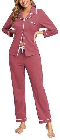 COLORFULLEAF - Pigiama da donna lungo, 100% cotone, con abbottonatura, a maniche lunghe, 2 pezzi, L