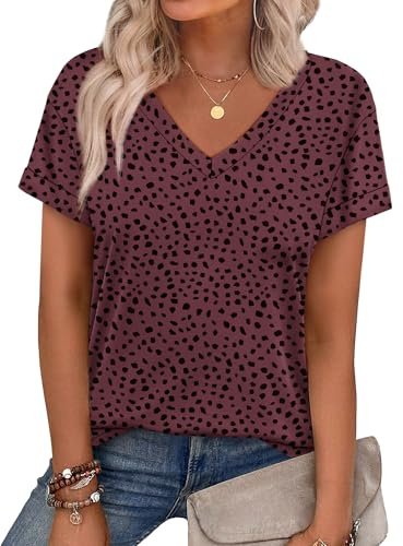 WEESO Floral Tops for Women Casual T Shirts Short Sleeve V Neck Outfits Baggy Shirts for Women Leopard XL