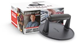 GreenPan x Bobby Flay Smash Burger Press, 6.5 Cast Iron Round Grill Press, Smashed Burgers, Heavy-Duty, Wood Handle, Cookouts & BBQ Tool for Juicy & Crispy Hamburgers Bacon Sandwich, Flat Top Griddle