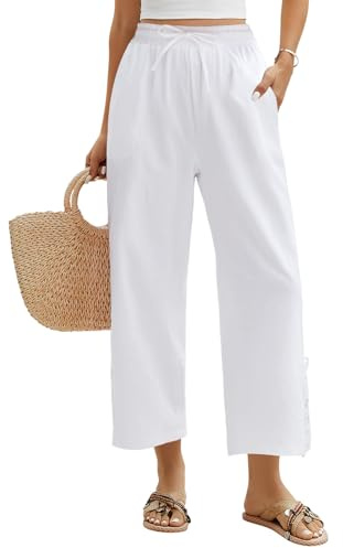 Niwicee Pantalon Femme Été 7/8 Coton Taille Haute Élastique avec Poches - Décontracté Léger Fluide pour Plage - Chic et Élégant Pantalon Large (Blanc,M)