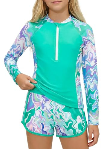 JiAmy Girl Swimsuits with Shorts, Two Piece Girls Swimming Costume,Long Sleeve Kids Swimwear Zip Rash Guard Bathing Suit Green 8-9 Years