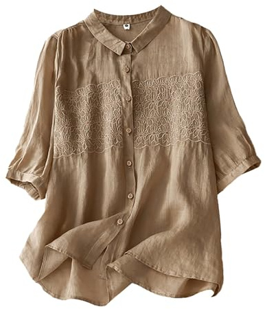 Chemise à manches courtes pour femme - Haut rétro littéraire fin en coton et lin - Chemise brodée pour femme - Chemisiers à manches courtes, kaki, M