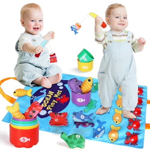 BBWELL Juguetes Niños 1 Año,Juego de Pesca,2 cañas de Pescar y 15 Peces,Almacén Bolsa,Vasos apilables,Contar números,clasificar Colores,Juguetes Montessori para niños de,Regalo Bebes 6-12 Meses