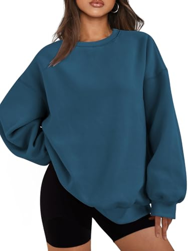 Famulily Warm Sweatshirts Women Oversized Crewneck Y2K Drop Shoulder Long Sleeve Sweatshirt Fall Winter Fashion Pullover Sweater Indigo M