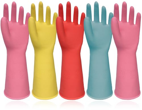 FUSHI&MON Rubber Gloves 5 Pairs Heavy Duty Household Washing Up Gloves with Non-Slip Grip, Colorful Cleaning Dishwashing Glove Waterproof Design for Kitchen Bathroom (Large (Pack of 5))