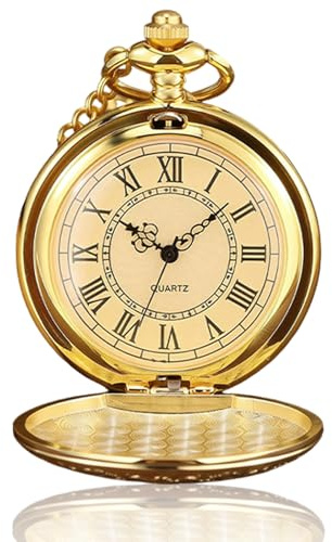 Litinliv Reloj de Bolsillo, Reloj de Bolsillo Hombre con Cadena, Relojes de Cadena Antigua Dorada con Números Romanos, Vintage Relojes para Mujeres, Hombres, Día del Padre, Aniversario - Dorado