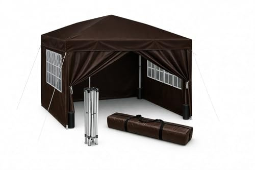 Patukshop Carpa Plegable Gazebo 3x3m con 4 Paredes y 4 Bolsas de Arena de Regalo Verdes, Cenador Pabellón de Jardín para Camping, Fiestas, Exterior, Color Marron