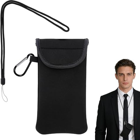 Neoprene Phone Pouch with Neck Strap, Universal Mobile Phone Sock, Black | Mobile Sleeve Case Bag with Carabiner & Lanyard for Camping Hiking Travelling Outdoor