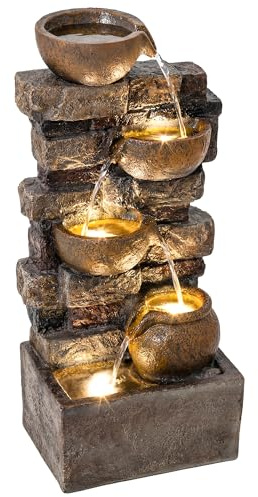 Outsunny Fontaine Extérieure 72 cm avec 5 Niveaux de Pichets Rustiques et Design Roche, Cascade Moderne avec Lumières LED, Débit Réglable, Fontaine de Jardin Autoportante en Résine, Marron Rustique
