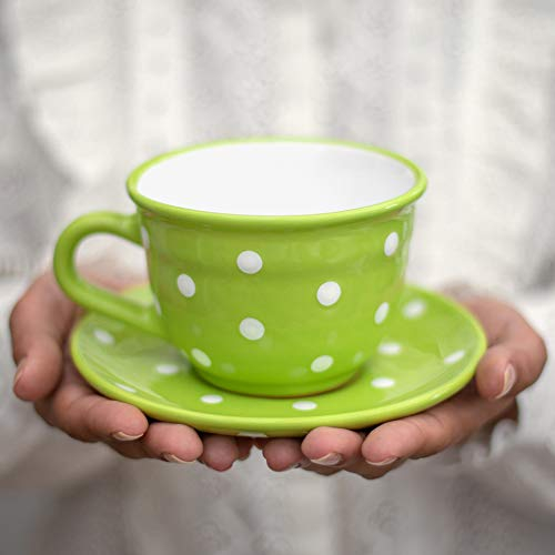 City to Cottage - Keramik Kaffebecher Teetasse 350 ml, Grün und Weiß Polka Dots, Handgemacht Kaffeetasse mit Untertasse, Cappuccino Tasse
