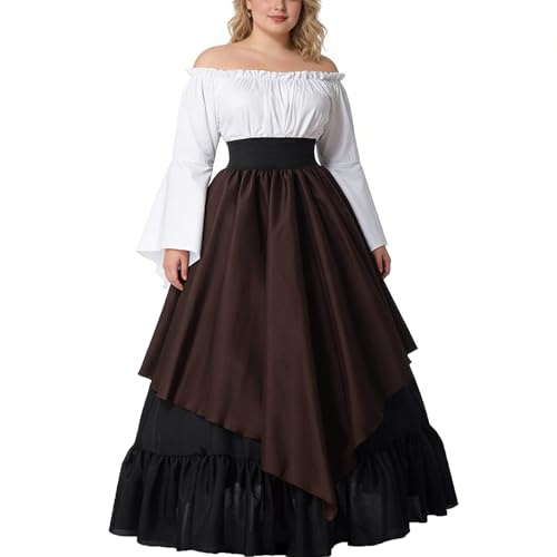 BPURB Vestido medieval para mujer, disfraz renacentista (parte superior, falda y enagua), Negro/café, Large