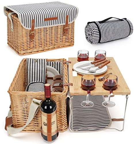 Weiden-Picknickkorb für 4, 4 Personen, Picknick-Set, Weidenkorb, Service-Geschenkset mit Decke, tragbarer Bambus-Wein-Snack-Tisch für Camping und Partys im Freien