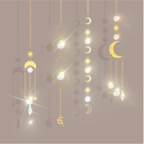 Attrape-Soleil Lustre 4Pcs pour Fenêtre Chambre et Jardin, Suncatcher Pendentif en Cristal Adopte la Forme du Soleil l'étoile et la Lune