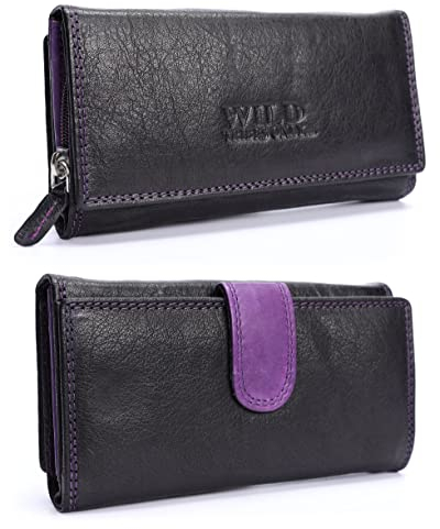 irisaa Damen Leder Wild Geldbörse, Portemonnaie Lang Geldbeutel,RFID Schutz 21 Kartenfächer, Brieftasche Groß, Vintage Design Used Look, Damen Tasche:weich SchwarzLila