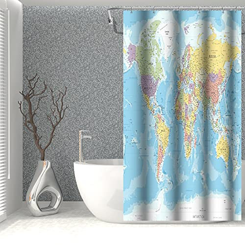 SDOTPMT 90x183cm Mundo Mapa Cortina de la Ducha Países Ciudades Geografía Educativo Cortina de baño Azul Océano continentes Cortina de bañera Tela Impermeable para Baño con Ganchos